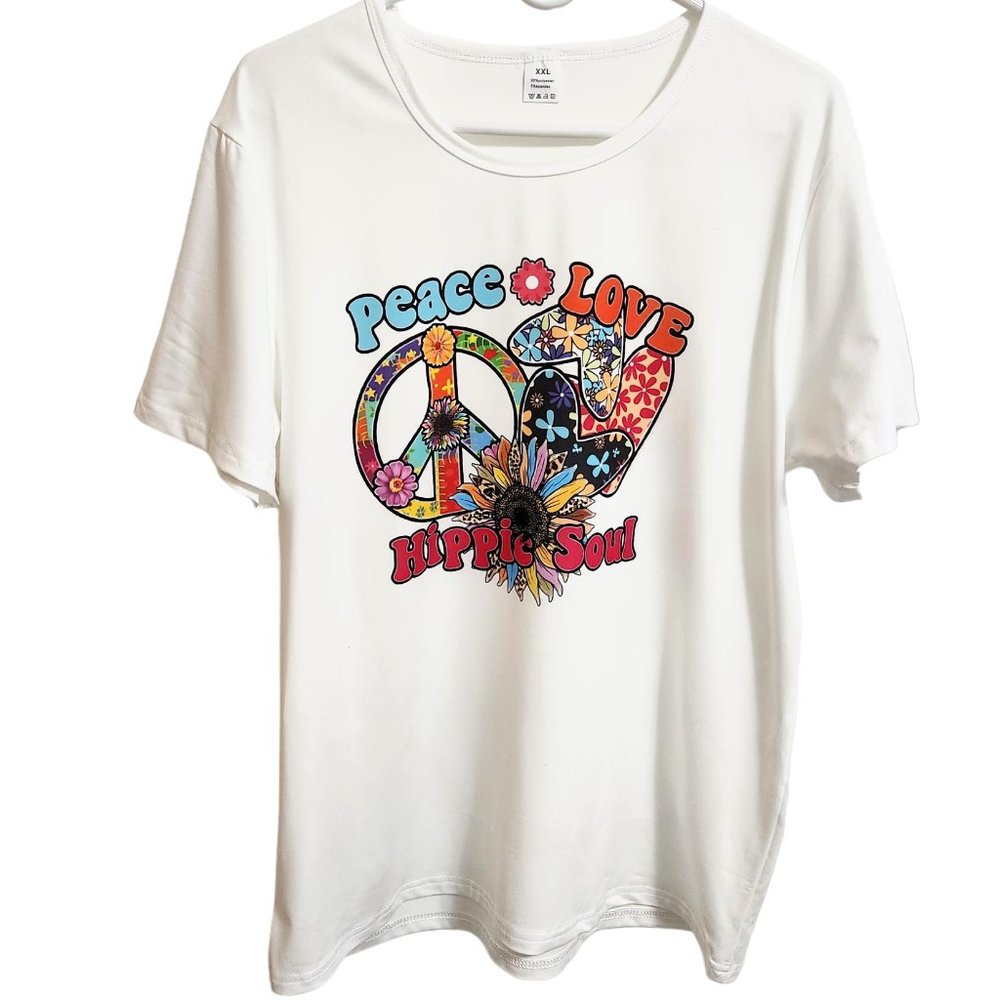 Women's White Short Sleeved Tee with Peace Love Hippie Soul Graphic Size XL